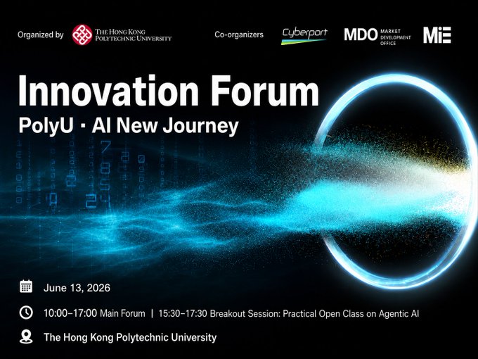 The image features a poster for an event at PolyU titled "Innovation Forum" with a blue circle containing white text that reads "PolyU - AI New Journey". The poster also includes information about the date, time, and location of the event as well as the names of speakers and organizers.