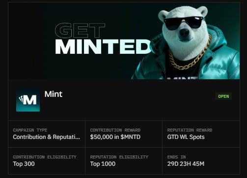 A campaign page titled "GET MINTED" featuring a polar bear wearing sunglasses, a green puffer jacket, and a gold chain, detailing a "Mint" campaign with $50,000 in $MNTD contribution reward and GTD WL Spots, ending in 29D 23H 45M.