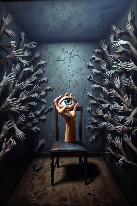 A surreal painting titled "The Gospel of Hands" shows a hand holding a green eye atop a wooden chair in a cracked, dim room, while dozens of disembodied hands reach in from the walls, embodying the post's meditation on truth as a silent observer.