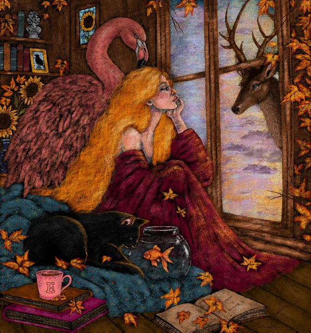 An illustration of a blonde woman in a red robe sitting by a window, looking at a deer, with a pink flamingo, a black cat, and autumn leaves around her.