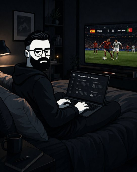 Illustrated man with a beard and glasses on a bed using a laptop displaying 'Claude Prompting Techniques' while watching a Spain vs Portugal football match on TV showing a 1-0 score.