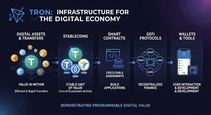 An infographic titled 'TRON: INFRASTRUCTURE FOR THE DIGITAL ECONOMY' illustrates a flow from digital assets through stablecoins, smart contracts, DeFi protocols, and wallets, with subtitles like 'Value in Motion', 'Stable Unit of Value', and 'Demonstrating Programmable Digital Value'.