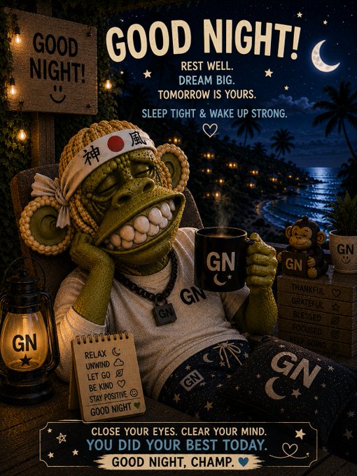 A 'GOOD NIGHT!' themed illustration of a relaxed monkey character wearing a '神風' headband and 'GN' pajamas, holding a 'GN' mug beside a lantern and checklist, with closing messages like 'Rest well. Dream big. Tomorrow is yours' and 'Close your eyes. Clear your mind. You did your best today. Good night, champ.'