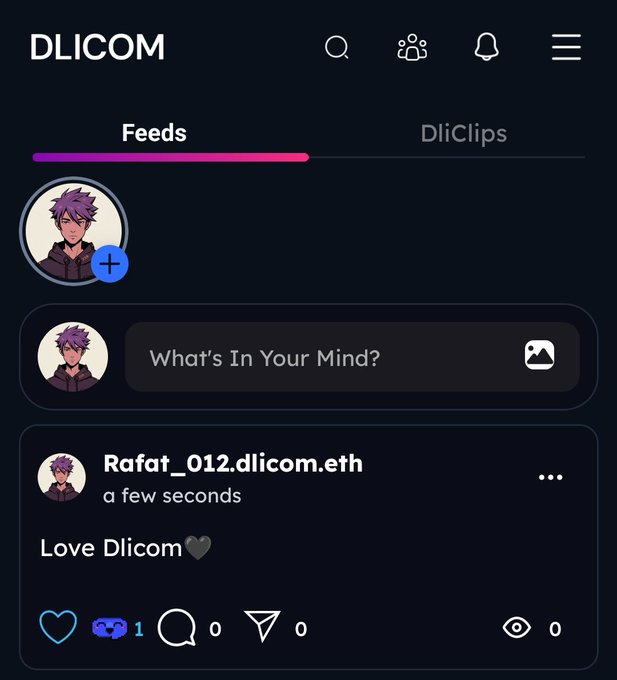 The image shows a social media app with a post from @DlicomApp, which has been tagged with the hashtag #feeds. The post includes a message about what's in your mind and mentions that they have DliClips on their feed. The post also contains an image of a person wearing a black jacket. The main focus is on the content of the post and how it relates to the social media app, which is likely related to the topic of feeds and user engagement.