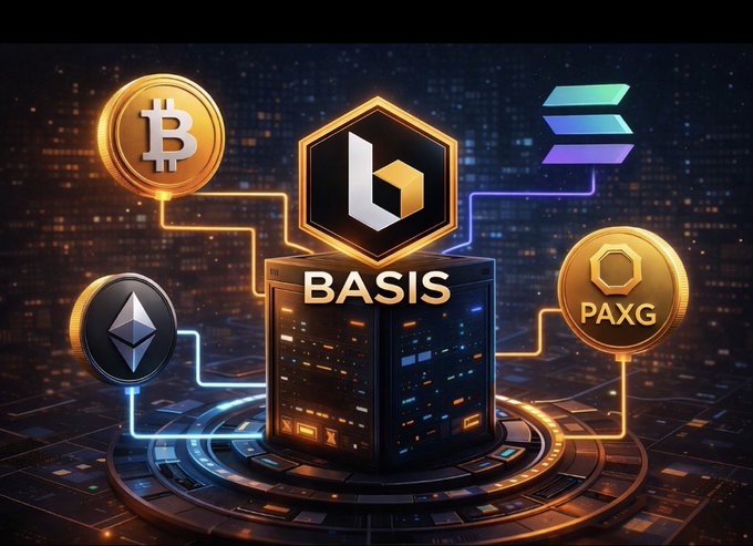 The image features a 3D rendering of a cube with various cryptocurrency symbols, including Bitcoin, Ethereum, and Paxg, all encased within it. The cube is surrounded by neon lights that illuminate its surface, creating an intriguing visual effect. The text "basis" is prominently displayed in the center of the image, indicating the theme or focus of this digital artwork.