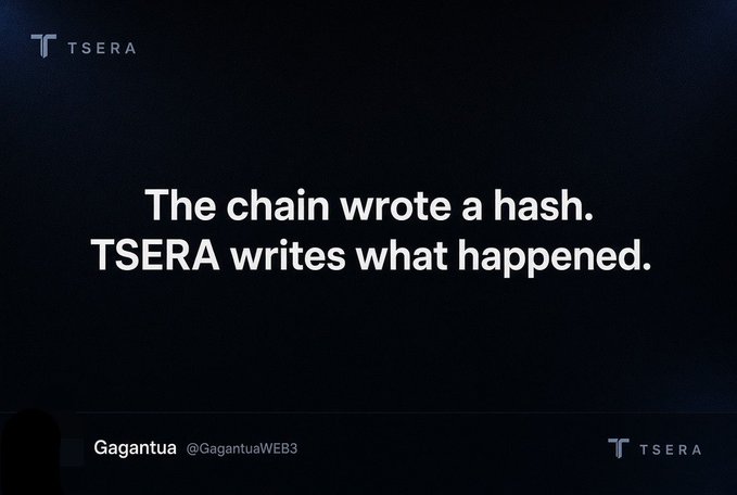 A dark presentation slide with the TSERA logo displaying the tagline 'The chain wrote a hash. TSERA writes what happened.' credited to Gagantua @GagantuaWEB3.