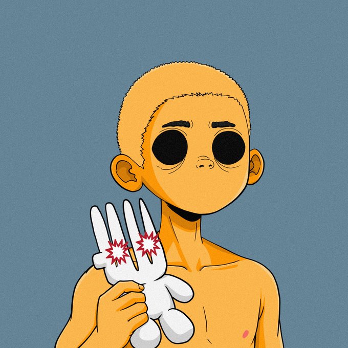 A cartoon-style drawing of a bald figure with oversized black eyes holding up a white Mickey Mouse glove with red star-burst designs on it.