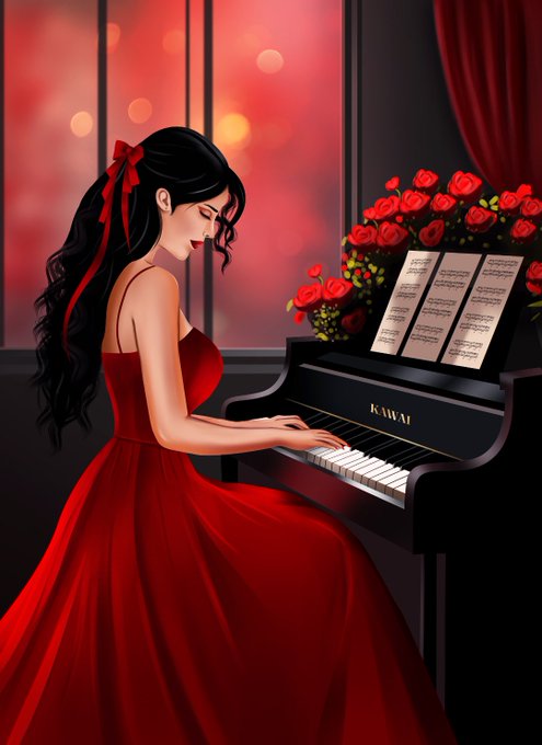 A digital illustration of a woman with long black hair tied with a red ribbon, wearing an elegant red gown, playing a black Kawai piano with sheet music, set against a warm red-lit background with a bouquet of red roses.