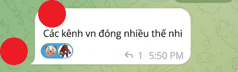A Telegram message in Vietnamese reading "Các kênh vn đóng nhiều thế nh�" (translation: "So many VN channels are closing") was sent at 5:50 PM, directly illustrating the post's observation about Vietnamese coin-related Telegram channels shutting down or removing their referral and coin-promotion content.