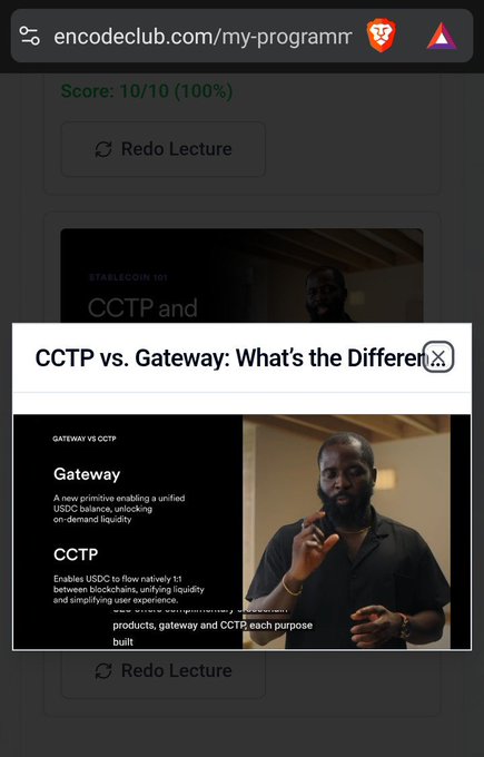 A screenshot from encodeclub.com/my-programr showing a completed lecture with "Score: 10/10 (100%)" and a video titled "CCTP vs. Gateway: What's the Differen..." explaining differences between Stablecoin Gateway and CCTP.