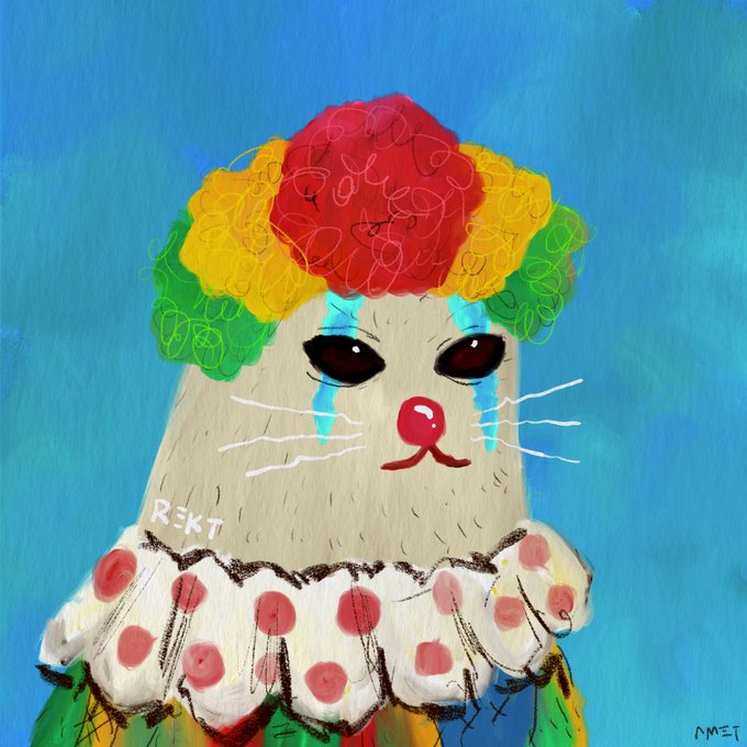 The image shows a vibrant painting of a crying clown-cat wearing a colorful curly wig and a polka-dot ruffled collar, signed "AMET" in the bottom right and marked with "R3KT" and "67" on the figure—visually fitting the described "Cats on Crack" #67 piece by artist AmeT.