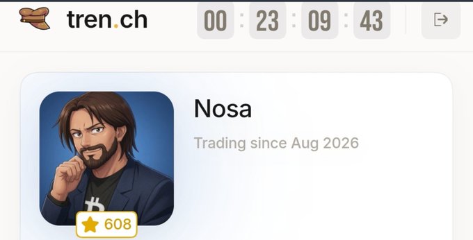 The image shows a profile page on tren.ch featuring a user named "Nosa" who has been trading since August 2026, with a star rating of 608 and a countdown timer displaying 00:23:09:43 at the top. This relates to the post's concerns about tren.ch extending deadlines, as the countdown timer visually reinforces the extended timeframe the author criticizes as a sign of capitalizing on community engagement.