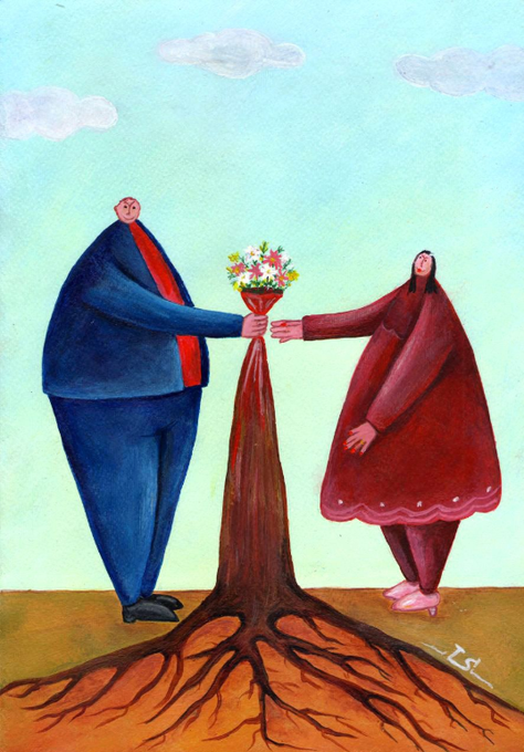 A naive-style painting depicting a man in a blue suit and a woman in a red dress jointly holding a bouquet of flowers that grows down into a large tree with exposed roots.
