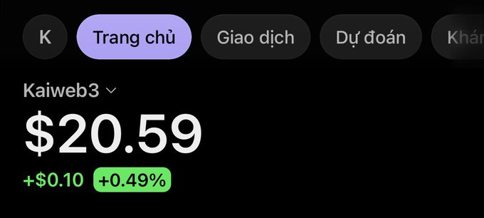 A crypto app screen shows the Kaiweb3 token (K) at $20.59, up +$0.10 (+0.49%), with Vietnamese tabs 'Trang chủ', 'Giao dịch', and 'Dự đoán'.