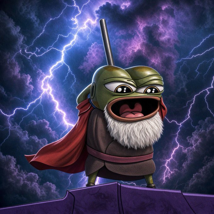 A digital illustration of a wide-eyed frog character dressed as a warrior with a white beard, red cape, and antenna, standing against a dramatic purple stormy sky with lightning.