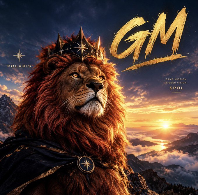A digital artwork shows a majestic lion wearing a golden crown with 'POLARIS' and 'GM' text, captioned 'SAME MISSION. BIGGER VISION. $POL' against a sunset mountain backdrop.