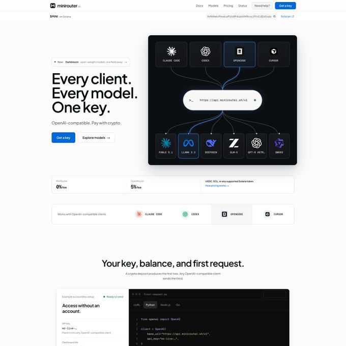 The image shows the Minirouter (MINI) website homepage with the tagline "Every client. Every model. One key." promoting an OpenAI-compatible service that accepts crypto payments, featuring supported AI models like Claude Code, Codex, OpenCode, Cursor, Fable 9.1, Llama 3.3, DeepSeek, GLM-3, GPT-O1-MINI, and Qwen3, along with an API key example and code sample. This relates directly to the post's excitement about the $MINI token being underpriced given the project's apparent utility and functionality.