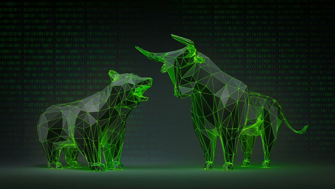 A digital artwork depicting a bull and bear as green wireframe polygonal sculptures against a binary code background, symbolizing stock market trends.