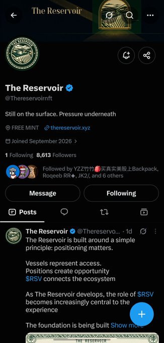 A Twitter/X profile page for 'The Reservoir' (@Thereservoirft) displays the bio 'Still on the surface. Pressure underneath' and details about the $RSV ecosystem.