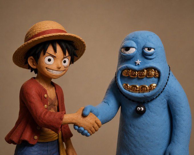 A claymation-style figurine depicts a One Piece character (Luffy) in a straw hat shaking hands with a blue monster figure featuring gold teeth.