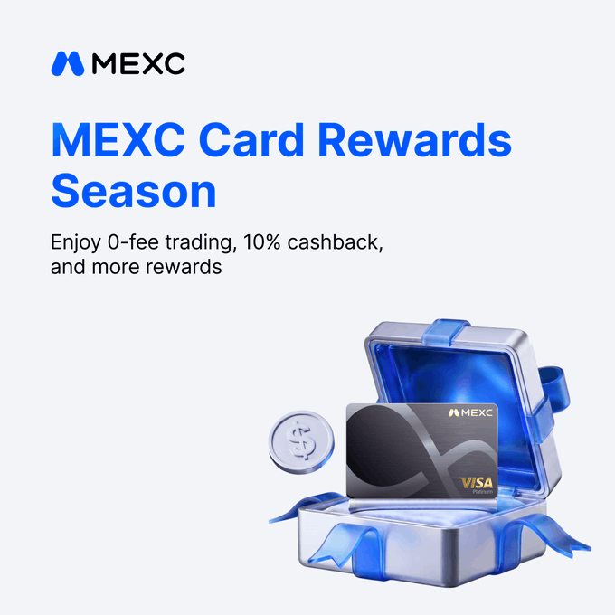 A promotional graphic featuring the MEXC logo and a metallic gift box containing a MEXC Visa Platinum card, advertising "MEXC Card Rewards Season" with 0-fee trading and 10% cashback perks. The image visually reinforces the post's message about exclusive rewards for applying for an MEXC Card.