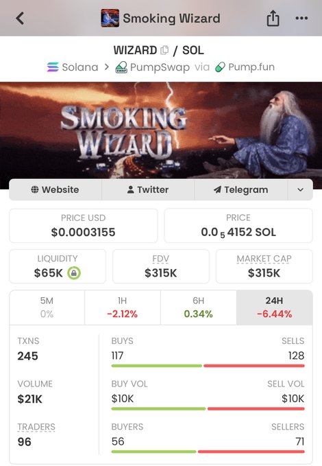 A cryptocurrency trading interface showing the 'Smoking Wizard' (WIZARD/SOL) token on PumpSwap via Pump.fun, with a price of $0.0003155 USD and market cap of $315K.