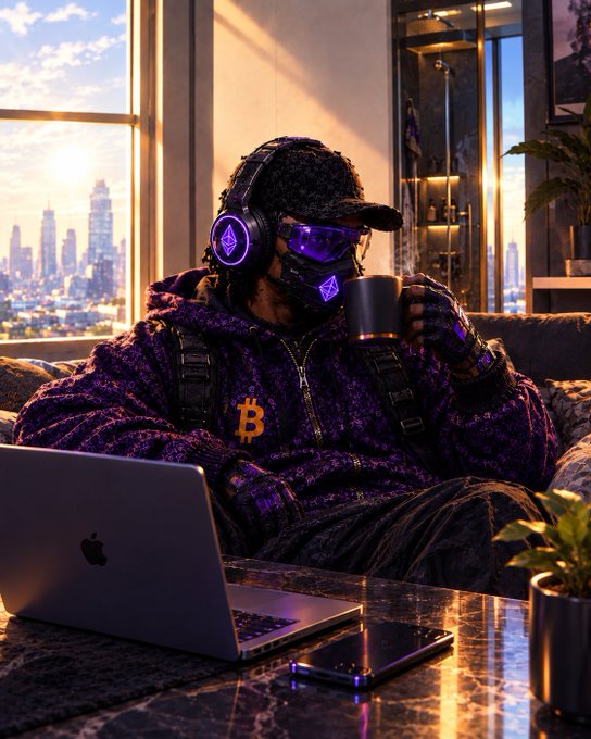 A stylized, cyberpunk-themed digital artwork of a person wearing a hooded jacket with a Bitcoin logo, glowing headphones, and a face mask, sitting on a couch with a laptop and coffee mug.