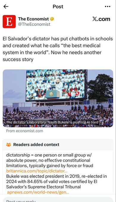 A post from 'The Economist' on X.com with text about El Salvador's dictator using chat bots and a link to 'economist.com', including a Community Note providing context about the definition of dictatorship and the president's election.