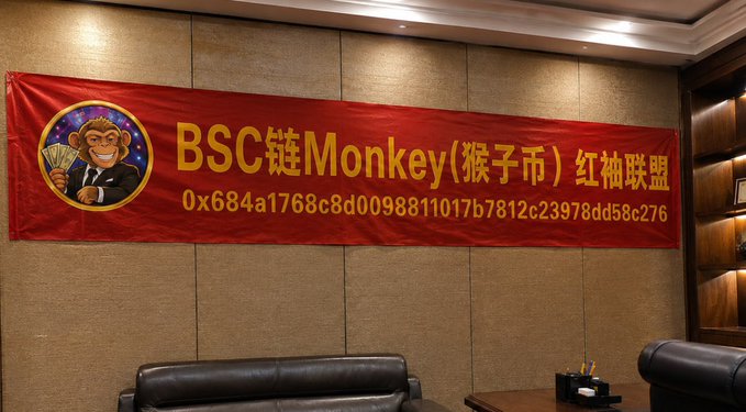 A red promotional banner for "BSC链Monkey(猴子币) 红袖联盟" hangs on a wood-paneled office wall, displaying the contract address "0x684a1768c8d0098811017b7812c23978dd58c276" alongside a cartoon monkey logo—the same token ticker and address referenced in the accompanying post about $monkey.