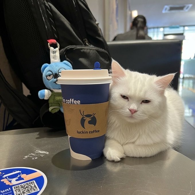 A white fluffy cat sitting next to a Luckin Coffee cup on a table, with a backpack and a small blue bear plushie in the background.