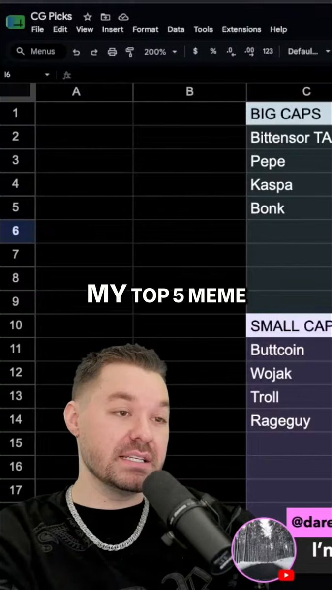 The image shows a man wearing a black shirt holding a microphone, with a spreadsheet displayed on his phone screen that has columns for "Top 5 Lowcap Memecos That Could Skyrocket", "1. $Buttcoin 2. $WOJAK 3. $RAGEGUY 4. $CATCOIN 5". The man appears to be discussing the contents of the spreadsheet, possibly sharing insights or recommendations related to these lowcap meme stocks.