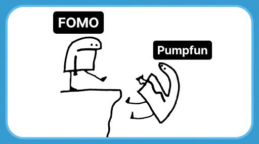 A simple line-drawing meme showing a figure labeled "FOMO" on a cliff pulling another figure labeled "Pumpfun" back up, symbolizing fear of missing out in crypto trading.