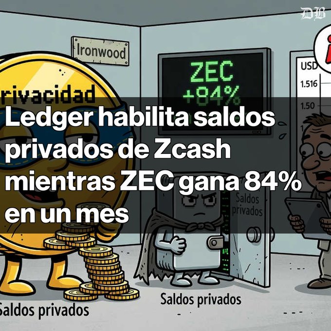 A cartoon graphic with Spanish text reading 'Ledger habilita saldos privados de Zcash mientras ZEC gana 84% en un mes,' featuring a ZEC +84% sign and a vault labeled 'Saldos privados'.