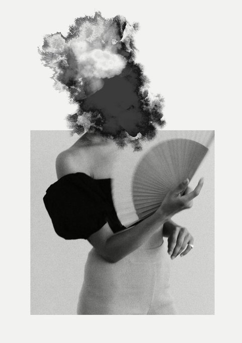A black-and-white artistic photo shows a woman in a black off-the-shoulder top holding a hand fan, with her face replaced by a watercolor-style cloud effect.