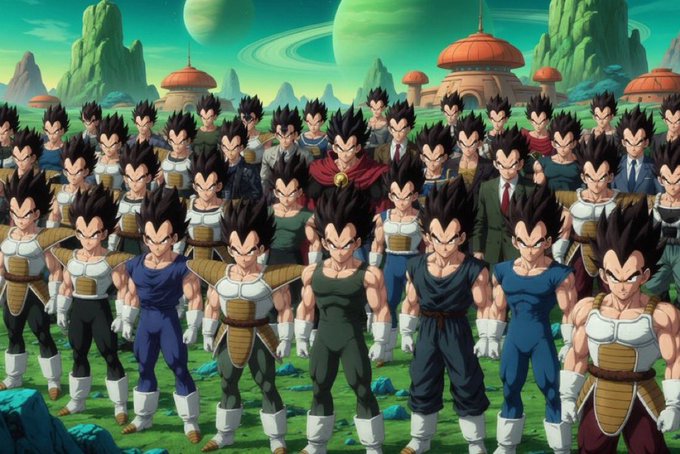 An AI-generated image showing a large group of Vegeta characters from Dragon Ball Z, all with their iconic spiky black hair and Saiyan armor, standing in formation in an alien landscape.