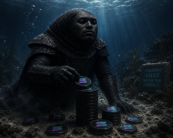 A dark underwater scene shows a hooded figure stacking black coins featuring a blue and purple logo, with a tablet displaying "STACKING VALUE BELOW THE SURFACE" beside them.