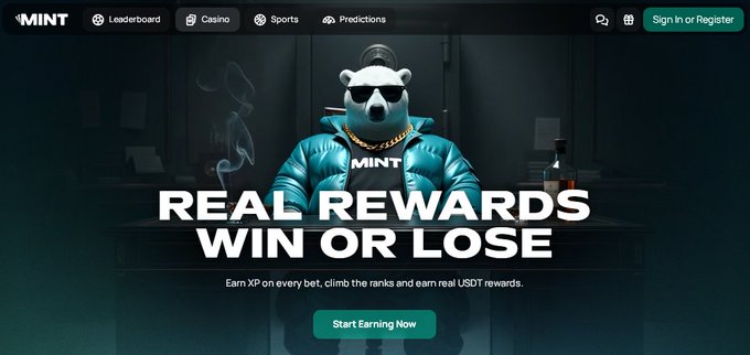 The image shows the homepage of Mint (PlayOnMint) featuring a cool, sunglasses-wearing bear mascot in a green puffer jacket, with the bold tagline "REAL REWARDS WIN OR LOSE" promoting their system where users earn XP on every bet to climb ranks and receive real USDT rewards. Navigation tabs for Leaderboard, Casino, Sports, and Predictions are visible at the top, highlighting the all-in-one platform the post describes.