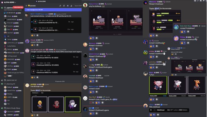 A Discord chat interface displays multiple conversations across channels like #ANNOUNCEMENTS, #gems, #gem-OG-VC, and #Game-Rooms, with users including Alpha Gems, Minted 3 Clickihood, Victor, GAMMA, NIKO, Jackson, and edgar sharing messages about a "Clickihood" NFT project, including one message stating "We minted 3 Clickihood for 3x," visible NFT images of cartoon characters, and a pinned message reading "I am ALPHA GEMS 22 LVL #16J3CVR," alongside price mentions like "#1045 for 10" and "$5 #894 for 35," illustrating a community celebrating early investment success and full allocations in the Clickihood project.