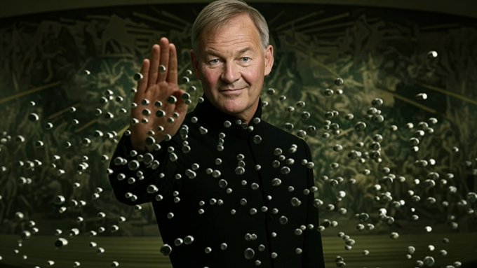 A man in a dark clerical collar stands with hand raised, surrounded by floating metallic spheres against a green-hued background.