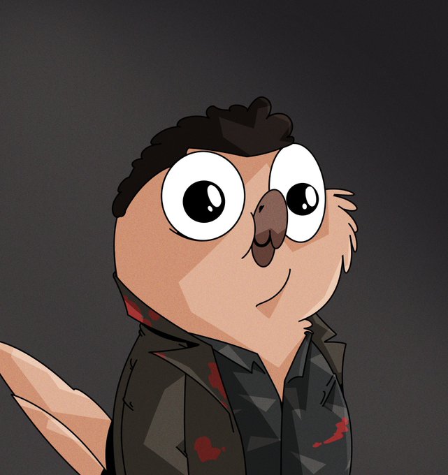 A cartoon-style NFT character with large expressive eyes, brown hair, and a dark jacket with red stains, looking upward against a dark background.