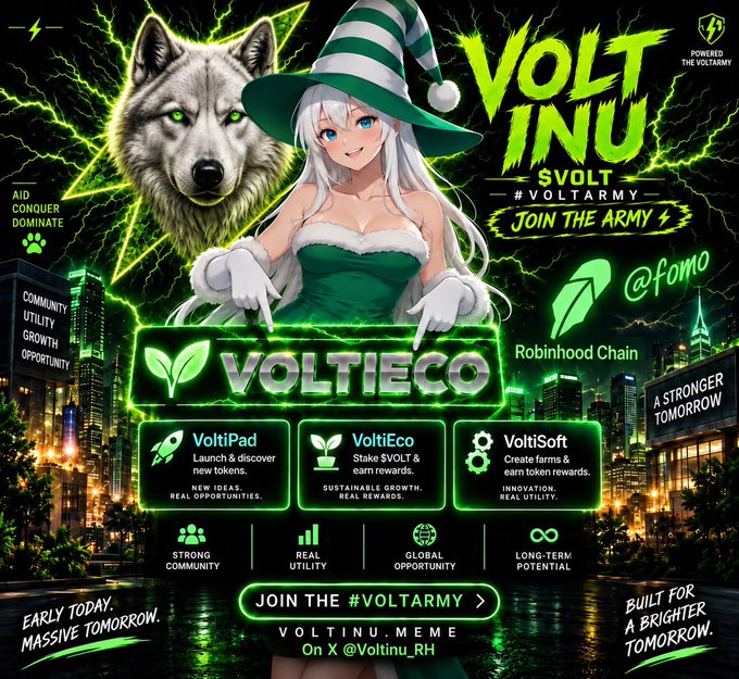 A promotional graphic for 'VOLT INU' (ticker: $VOLT) on Robinhood Chain, featuring an anime character and a wolf, promoting the VoltArmy ecosystem including VoltiPad, VoltiSoft, and VoltiEco.
