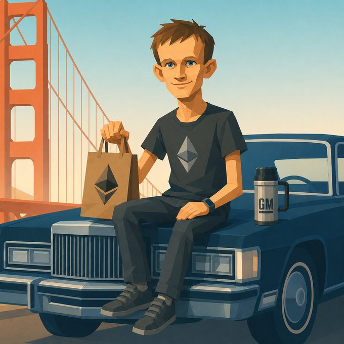 iced coffee and a brown paper bag sit on the hood of a black car, with a person holding them against a backdrop of the Golden Gate Bridge.