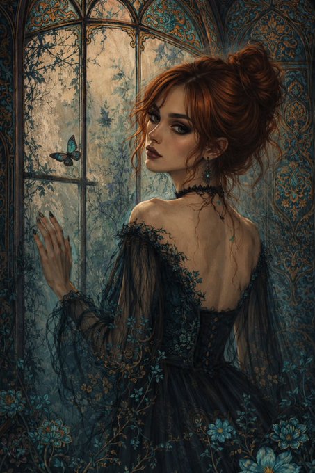 An artistic illustration of a woman with red hair in an updo, wearing a dark dress, looking back over her shoulder while a blue butterfly rests near her hand by a gothic-style window.