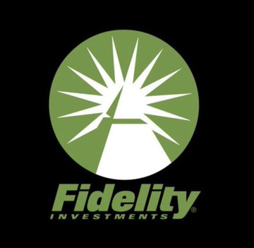 The Fidelity Investments logo displayed on a black background, featuring a green circular emblem with a white starburst design above the company name in green text.