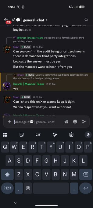 This image shows a Slack conversation in the #general-chat channel where user "Savi" (marked as BOSS) is discussing third-party integrations with "hirsch" from the Mancer Team. Savi asks to confirm audit prioritization for integrations and whether to share a document, with hirsch responding "yes" to both questions, while a mobile keyboard is visible at the bottom of the screen.