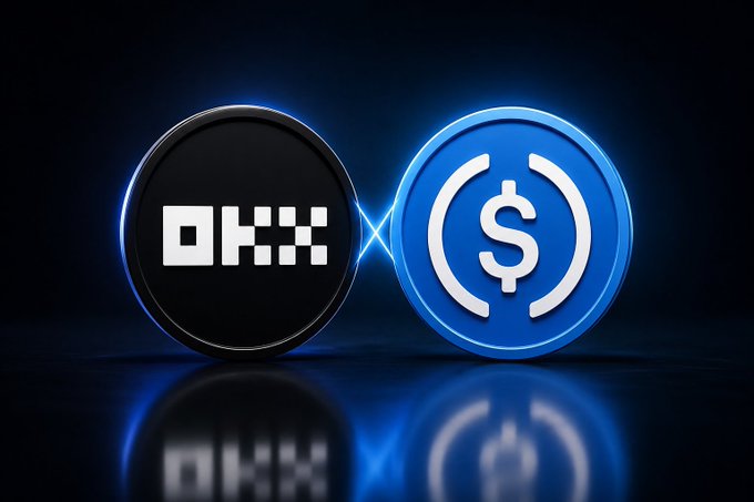 A digital render of two cryptocurrency coins—one black labeled 'OKX' and one blue with a dollar sign—facing each other against a dark background with blue reflections.