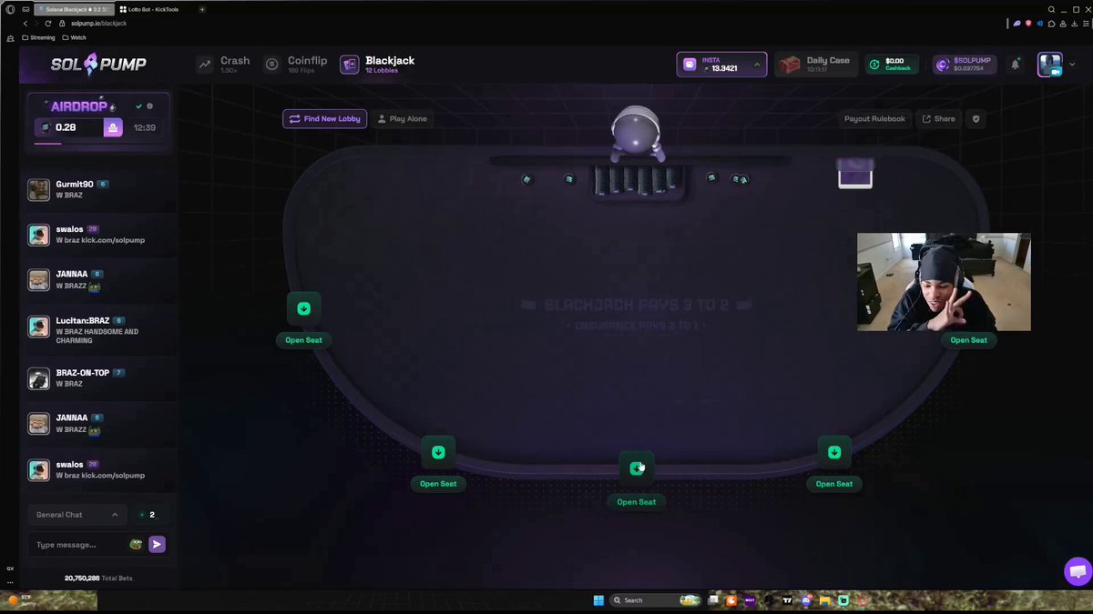 The image shows a poker game in progress, with multiple players viewing the stream online. One of the players has just placed his entire balance on a single blackjack hand and has won over $20000. The text on the post suggests that there is a website called "solpump.io/a" where this particular player can be found. It also hints at some sort of betting strategy or method used by the player to increase their chances of winning.