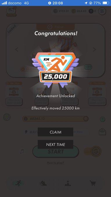Mobile app screenshot showing a 'Congratulations!' achievement screen for moving 25,000 km, with options to claim 25,000 KM or continue later.