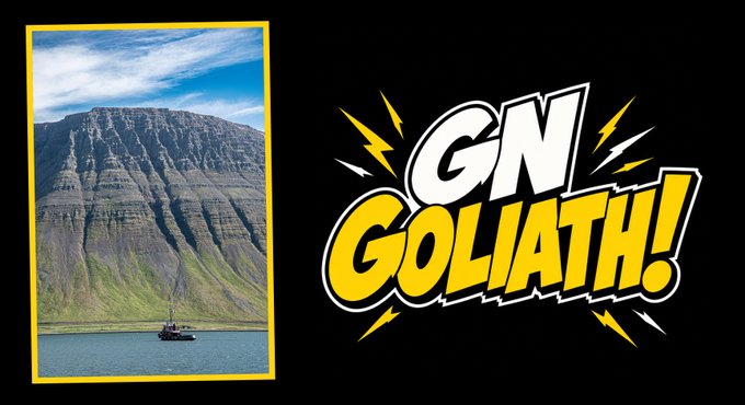 A split image showing a steep mountainside with a boat on water on the left, alongside comic-style 'GN GOLIATH!' text with lightning bolts on the right.