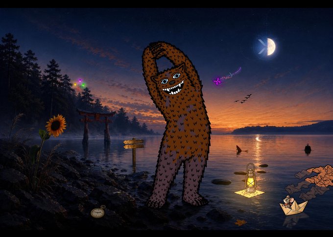 A whimsical digital illustration of a tall, smiling brown furry creature stretching by a tranquil lake at twilight, surrounded by surreal elements including a sunflower, a torii gate, a lantern on a raft, a paper boat with a small figure, and a crescent moon in the sky.